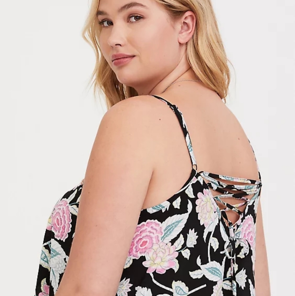 TORRID Black Floral Lace Up Challis Cami Size 3